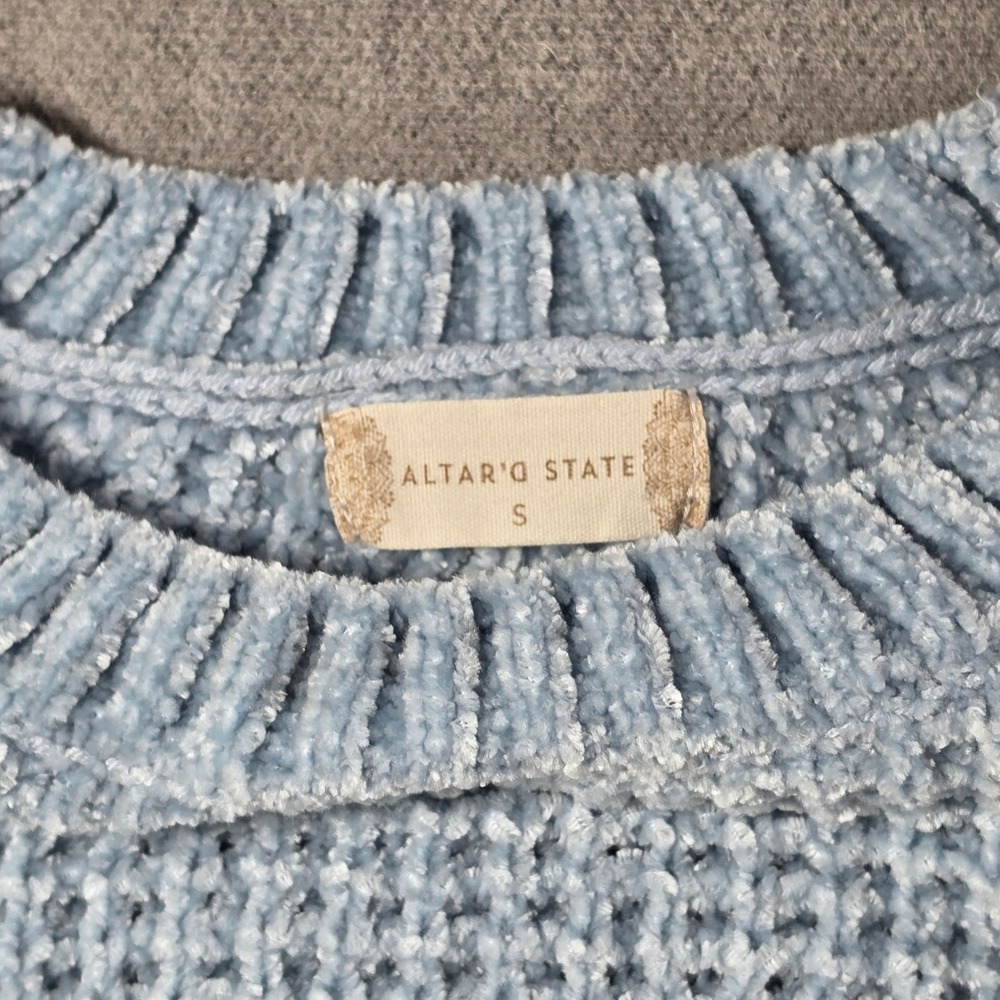 Altar'd State Sweater Womens Small Blue Chenille Waffle Knit Raglan Pullover - Picture 2 of 13